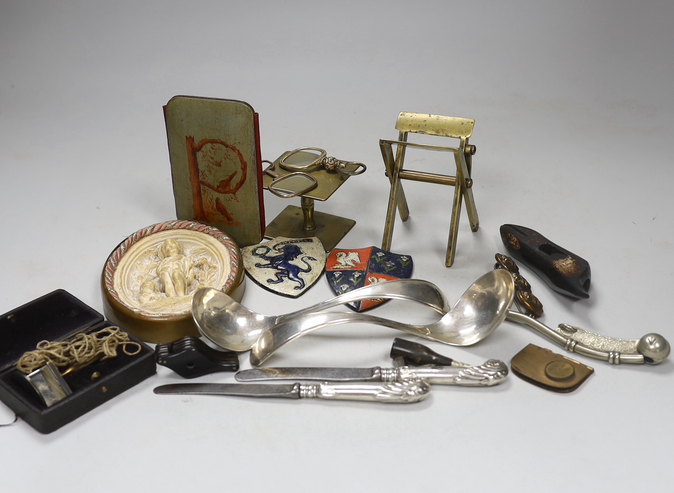 A collection of assorted collectables including a bosuns whistle, a J Baum & Co travelling sun dial/compass, small silver etc.